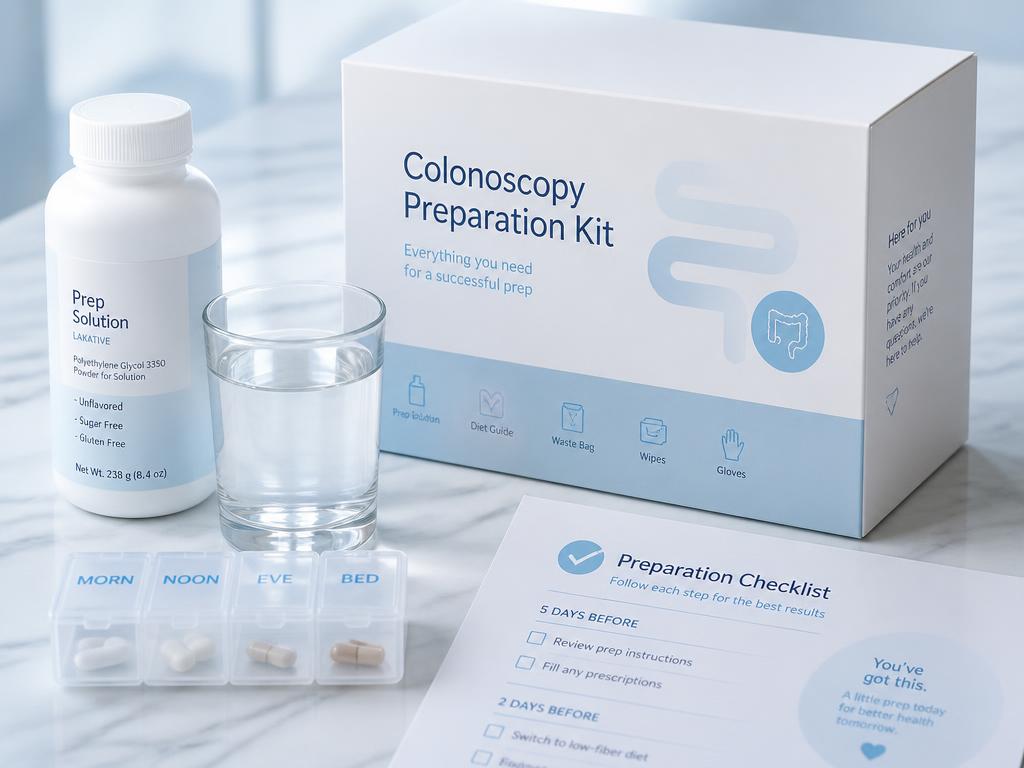 A clean colonoscopy preparation kit with solution bottle, water glass, pill organiser, and checklist on a marble surface